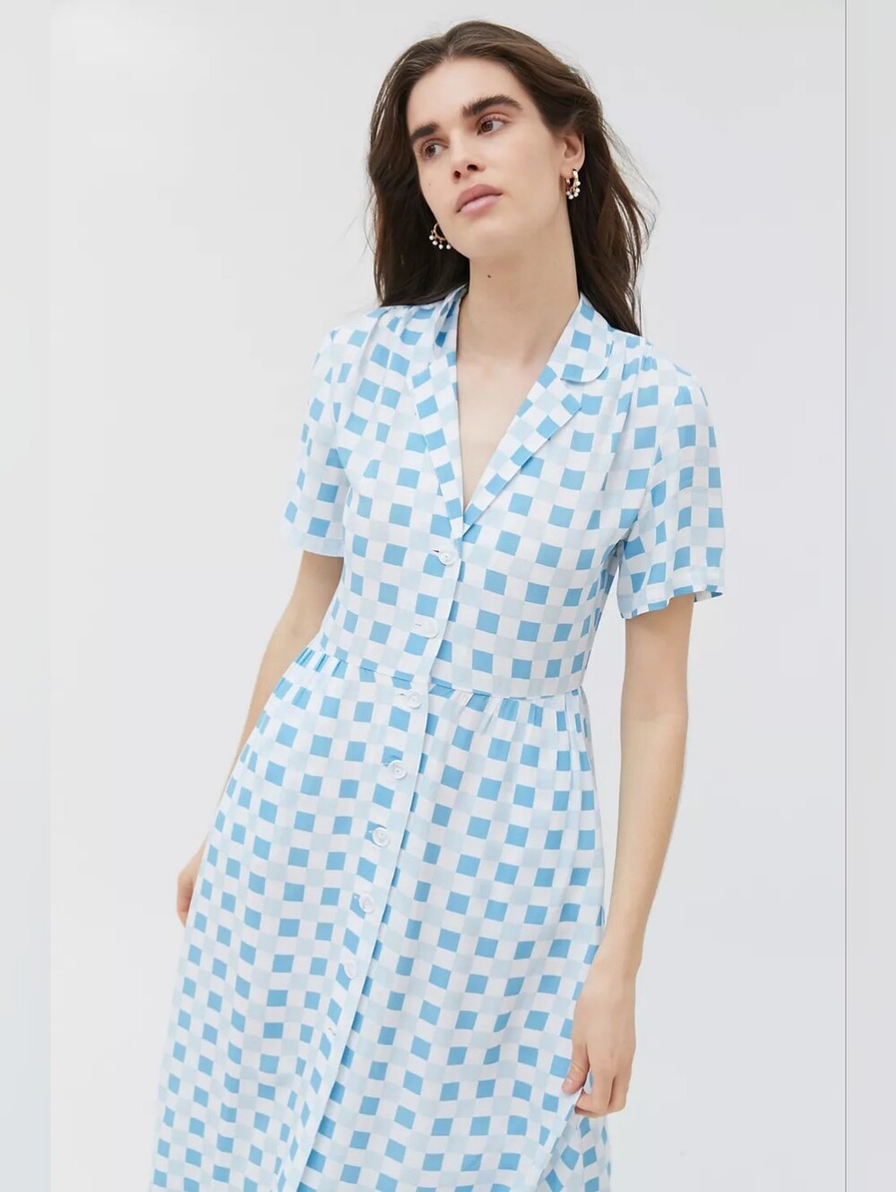 Urban Outfitters | NWOT Mila Printed Blue Gingham Midi Shirt Dress Size Small